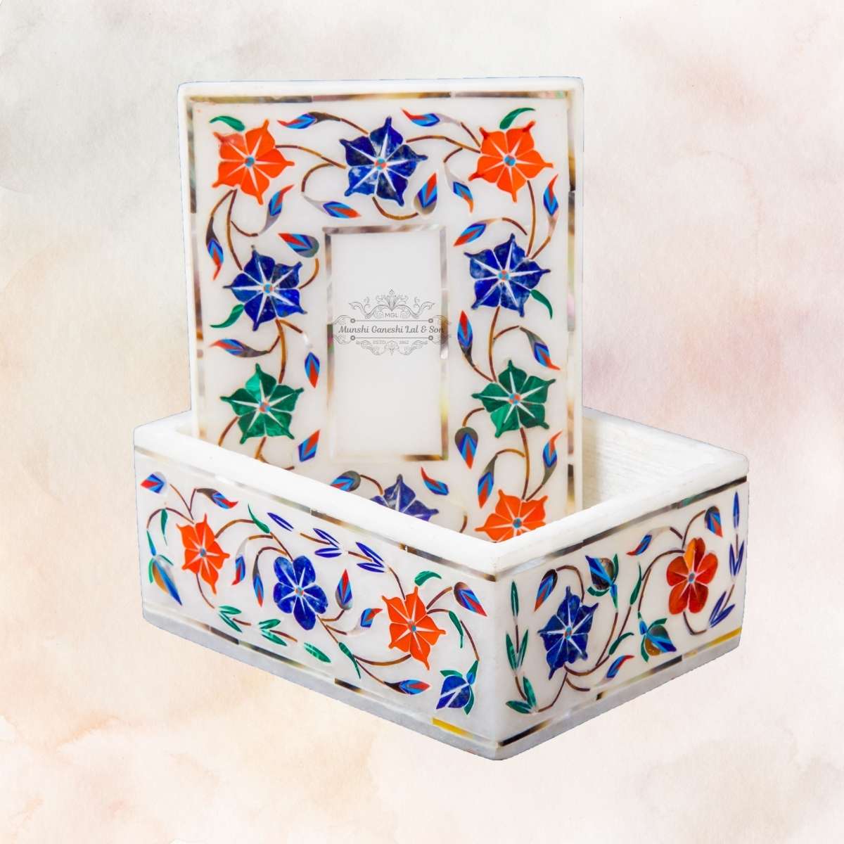 Blue and Orange Flower Designed Marble Rectangular Jewellery Box